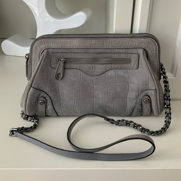 REBECCA MINKOFF Croc Embossed Grey Soft Leather Crossbody Purse LIKE NEW RARE! - Picture 1 of 16